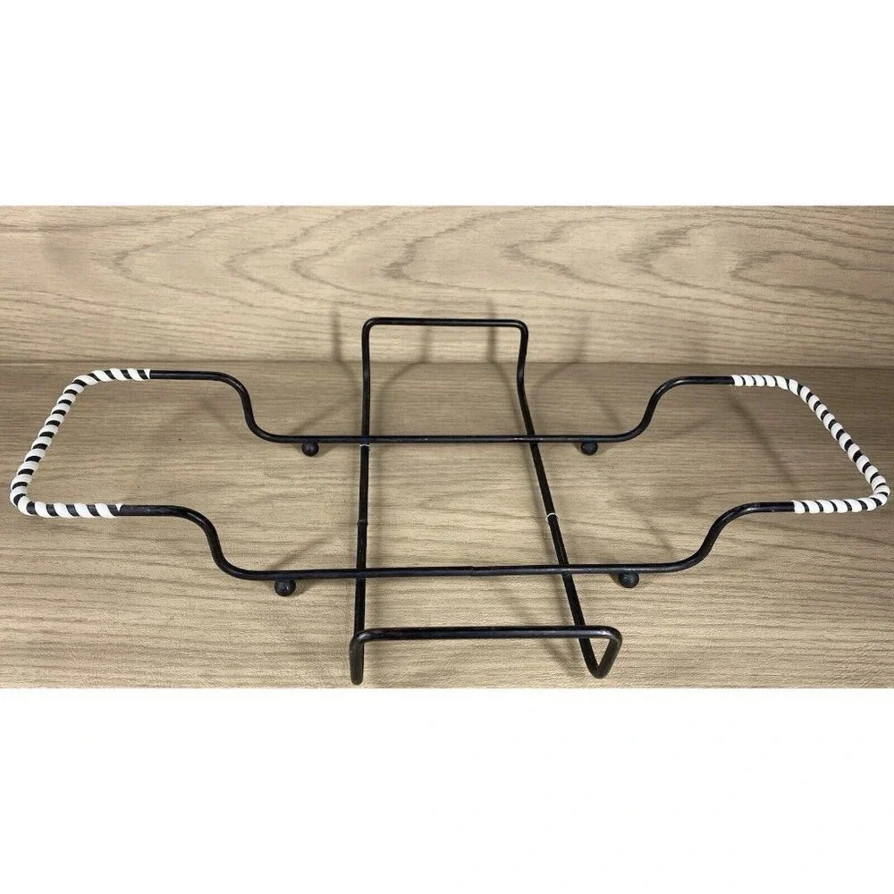 Vtg Casserole Cradle Kitchen Black Metal White Wrapped Handles for 8